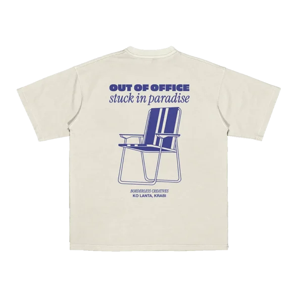 Flat lay of Amici al Sole's “Out of Office” t-shirt, designed for digital nomads embracing freedom and flexibility.