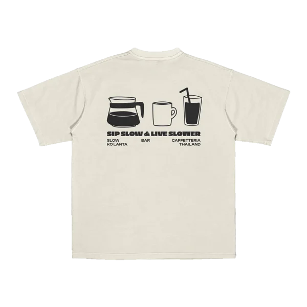 Flat lay of Amici al Sole's “Slow Life” t-shirt, promoting a relaxed lifestyle for modern travelers.